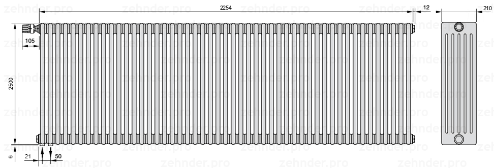 Схема (чертеж) Радиатор Zehnder Charleston 6250/49 №V001 Белый глянцевый RAL 9016